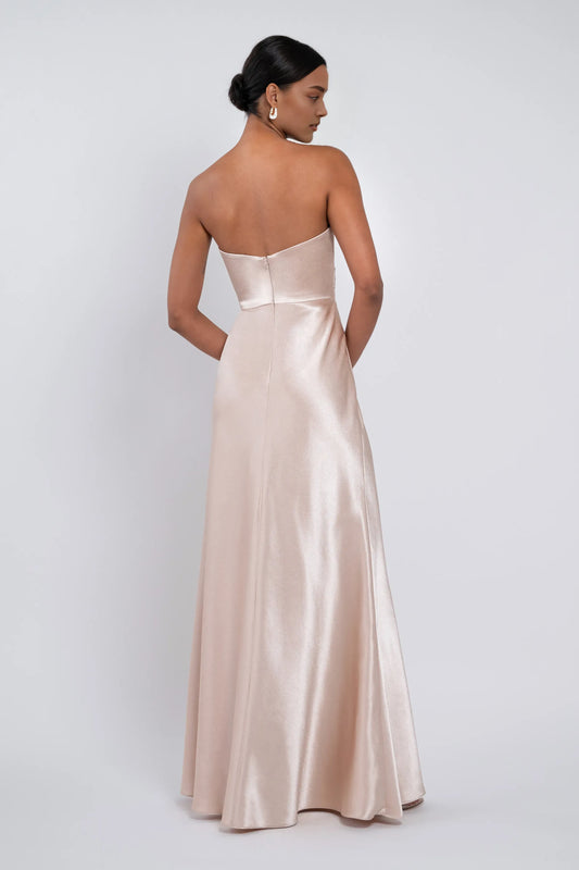 A-Line Strapless Scoop Neck Sleeveless Simple Satin Trendy Floor Length Ball Gowns No Slit Hot Sale Long Evening Dresses