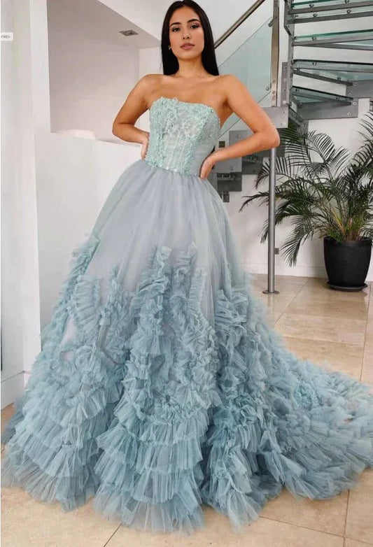 Formal Women's Dresses Dusty Blue A-Line Strapless Tulle Tiered Long Prom Dress Prom Clothing