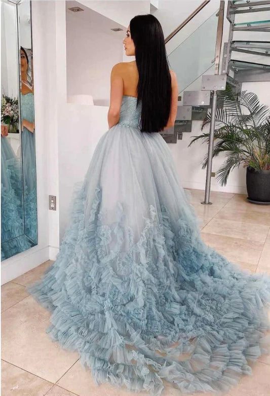 Formal Women's Dresses Dusty Blue A-Line Strapless Tulle Tiered Long Prom Dress Prom Clothing