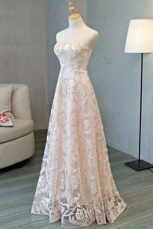 Formal Women's Dresses Light Pink Strapless A-Line Tulle Appliques Long Prom Dress Prom Dress Stores