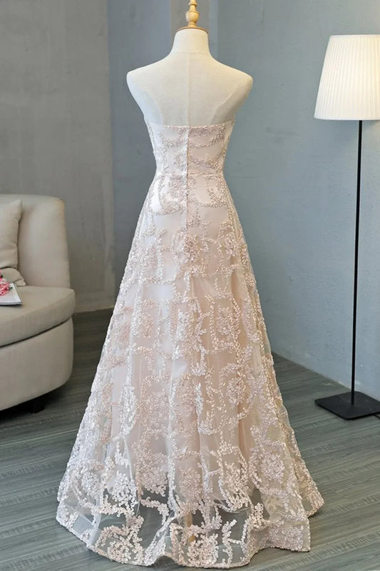 Formal Women's Dresses Light Pink Strapless A-Line Tulle Appliques Long Prom Dress Prom Dress Stores