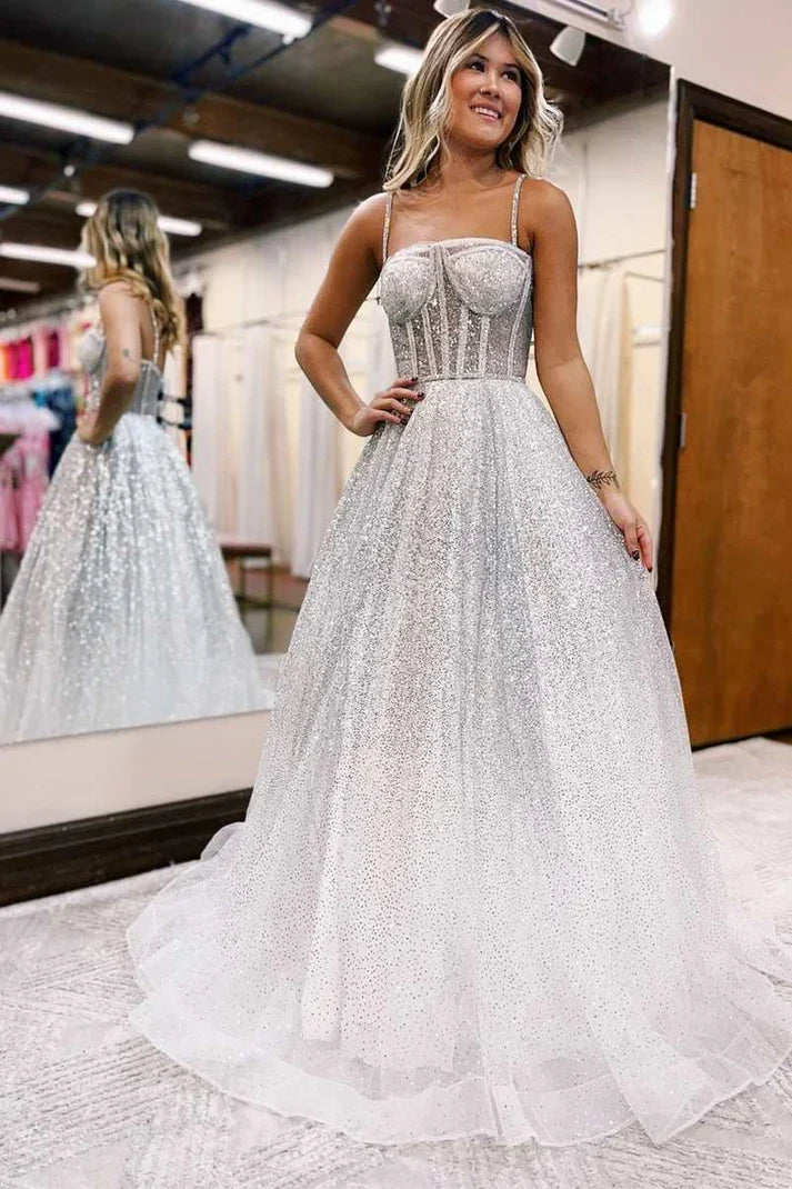 A-Line Tulle Floor Length Sleeveless Silver Sequins Princess Straps Prom Dresses
