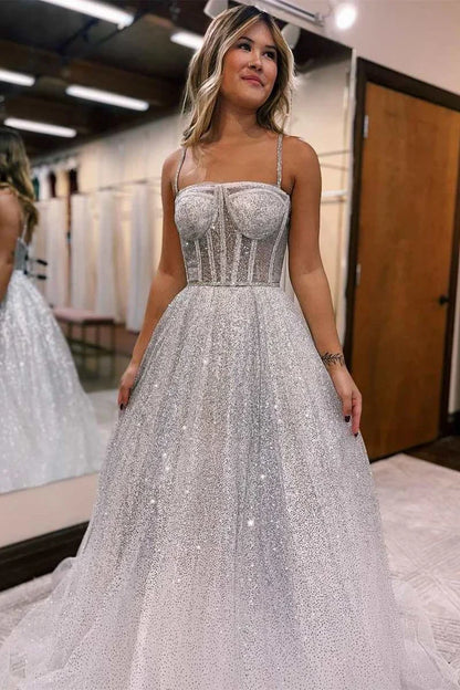 A-Line Tulle Floor Length Sleeveless Silver Sequins Princess Straps Prom Dresses