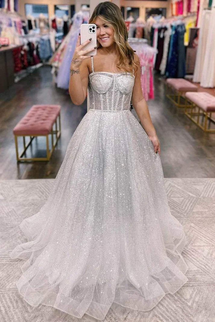 A-Line Tulle Floor Length Sleeveless Silver Sequins Princess Straps Prom Dresses