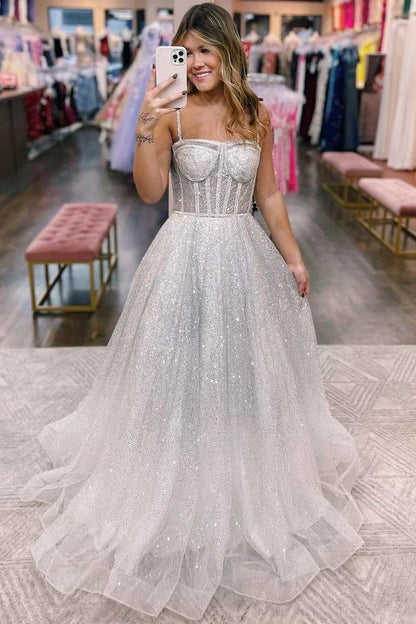 A-Line Tulle Floor Length Sleeveless Silver Sequins Princess Straps Prom Dresses