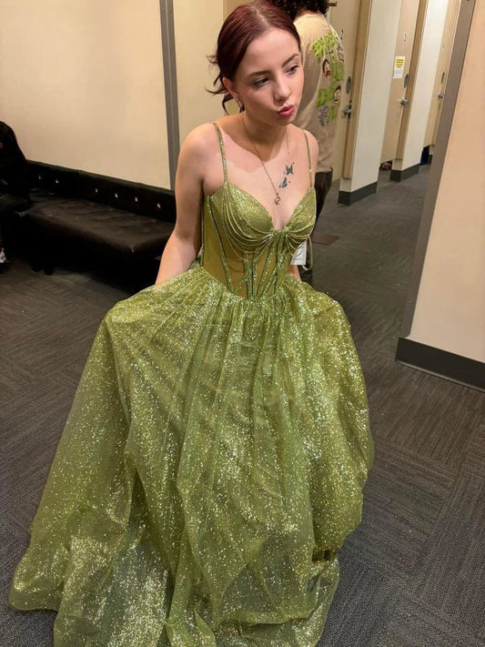 Dress Prom Dress Stores Shiny Green Straps A-Line Tulle Long Prom Dress Formal Dresses