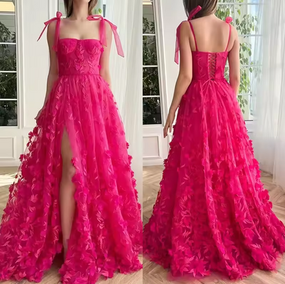 A-Line Spaghetti Straps Long Prom Floral Dresses With Split Side