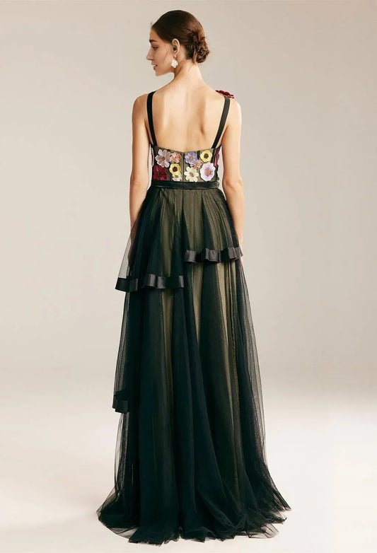 A-line V-Neck Elegant Floor Length Prom Clothes Tulle 3D Floral Embroidered Sleeveless Discount Floor Length Prom Dresses