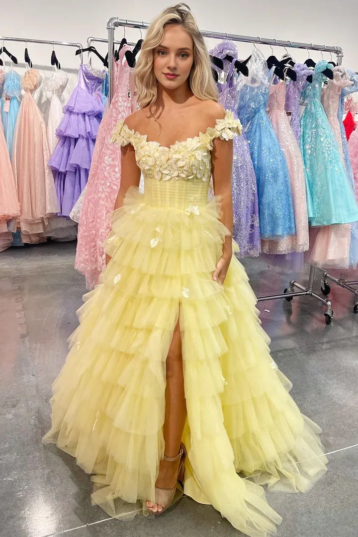 A-line 3D Floral Lace Off-the-Shoulder Ruffle Tiered Prom Dress