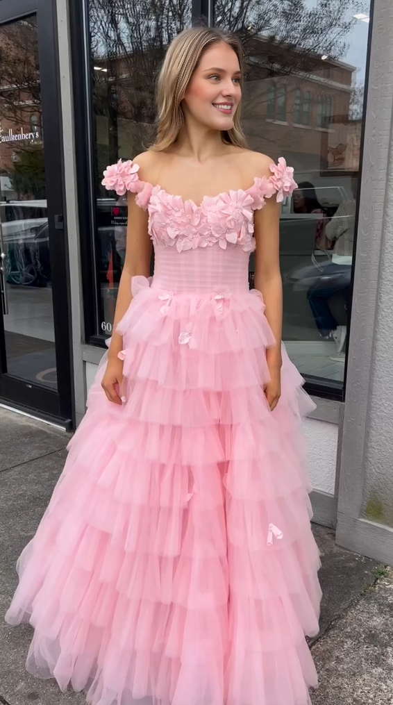 A-line 3D Floral Lace Off-the-Shoulder Ruffle Tiered Prom Dress