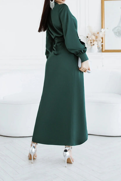 A-line Ankle Length V Neck Emerald Puff Long Sleeve Party Dress Prom Dress
