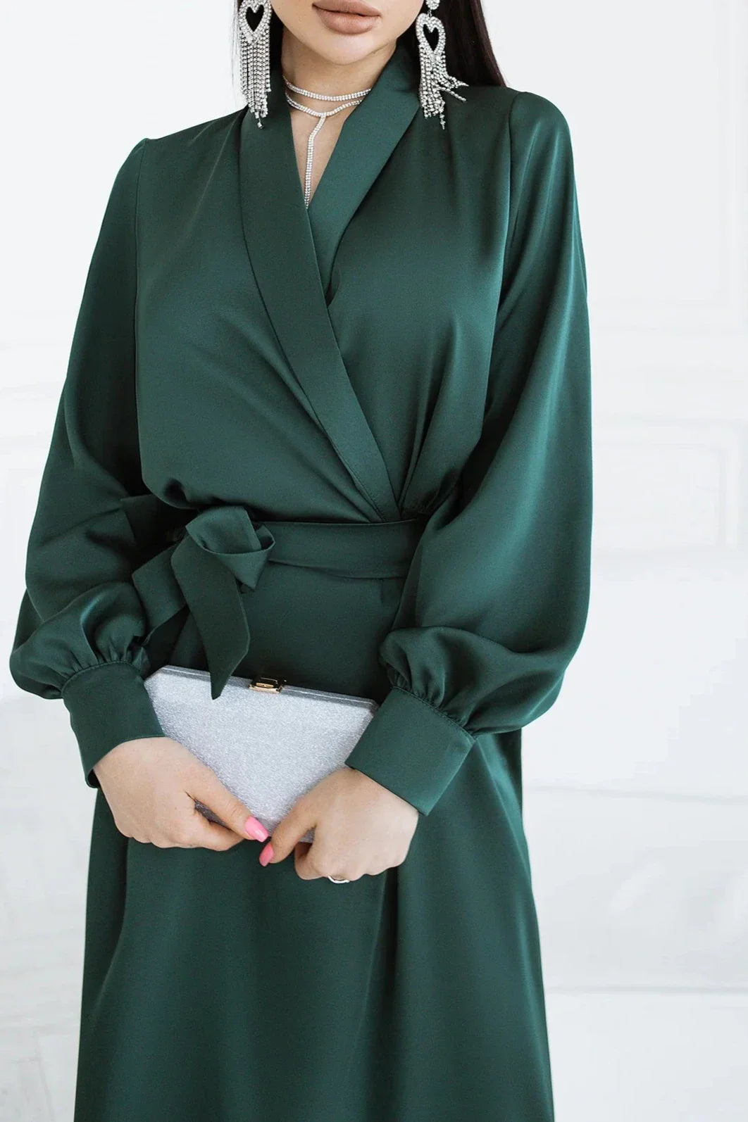 A-line Ankle Length V Neck Emerald Puff Long Sleeve Party Dress Prom Dress