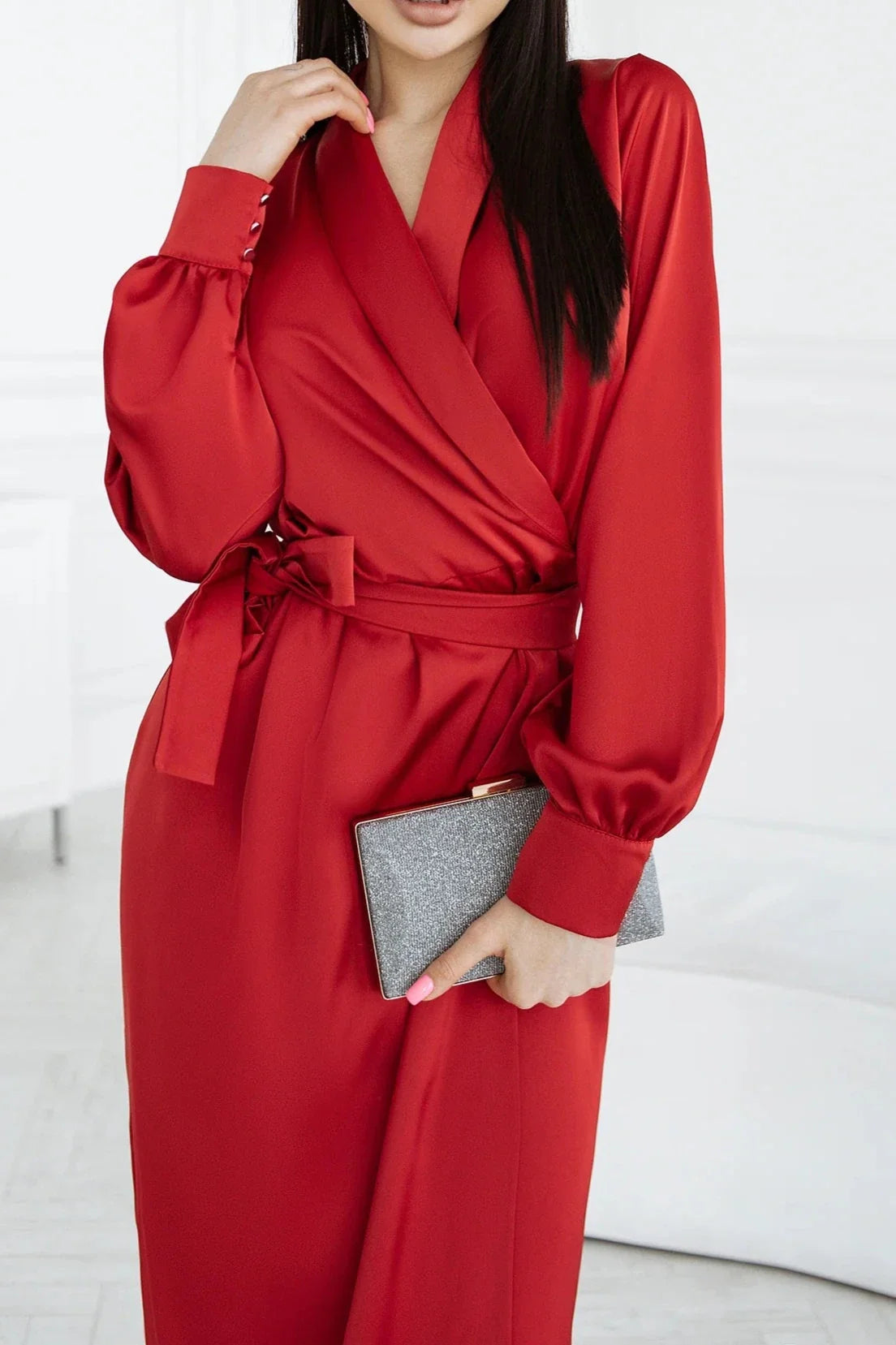 A-line Ankle Length V Neck Red Puff Long Sleeve Party Dress Prom Dress