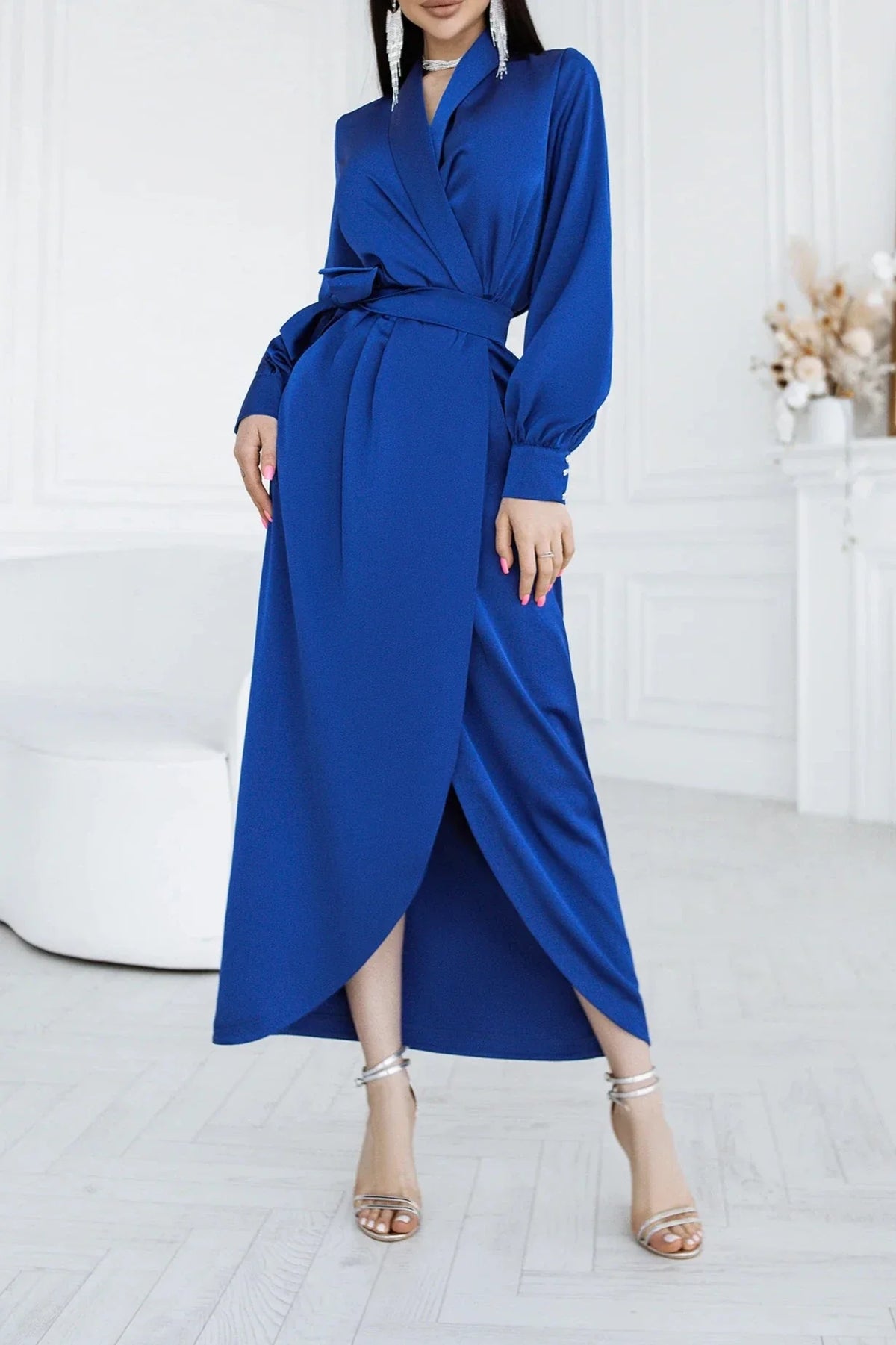 A-line Ankle Length V Neck Royal Blue Puff Long Sleeve Party Dress Prom Dress
