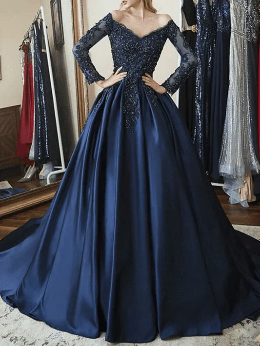 Formal Women's Dresses Navy Blue Off Shoulder Long Sleeves A-line Applique Formal Prom Dress Prom Dress Stores