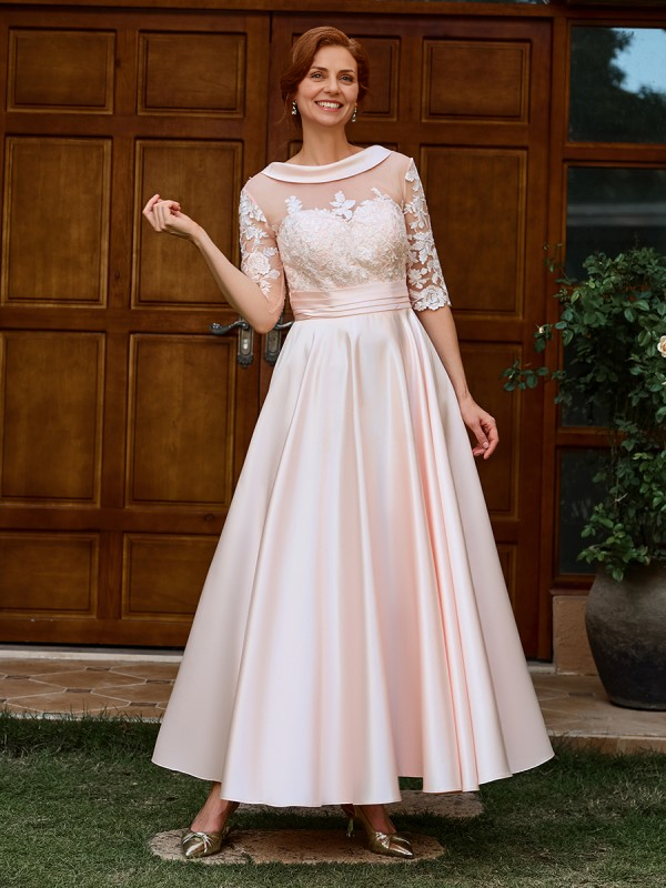Dress Sheath Elegant A-line Appliques Lace Ankle-Length Satin Mother of the Bride Dress 1/2 Sleeves