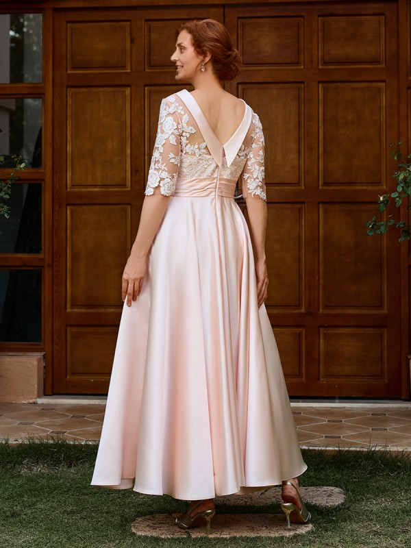 Dress Sheath Elegant A-line Appliques Lace Ankle-Length Satin Mother of the Bride Dress 1/2 Sleeves
