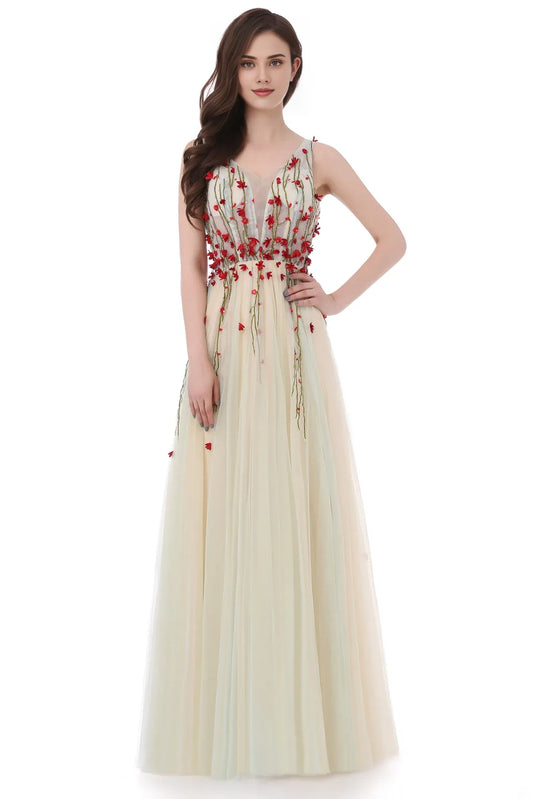 A-line Beautiful V-Neck Floral Formal Dress Tulle LaceFloor Length Prom Party Dress
