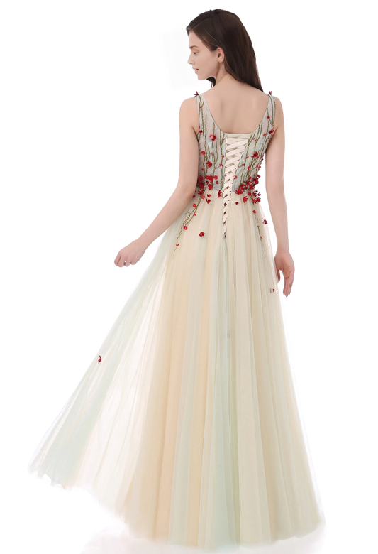 A-line Beautiful V-Neck Floral Formal Dress Tulle LaceFloor Length Prom Party Dress