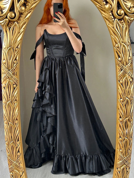 A-line Black Corset Sleeveless Floor Length Ruffle Prom Party Dress With Slit