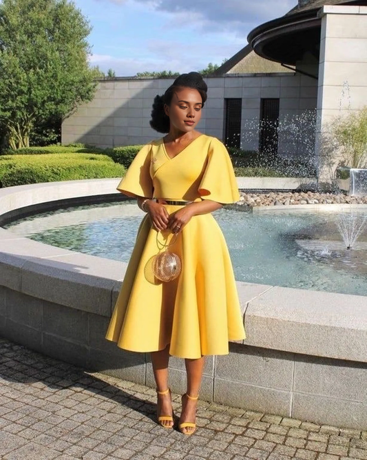 A-line Bridesmaid Dress Short Sleeves Mother of the Bride Dress Tea-Length Prom Dress Party Dress Elegant V Neck Evening Dress