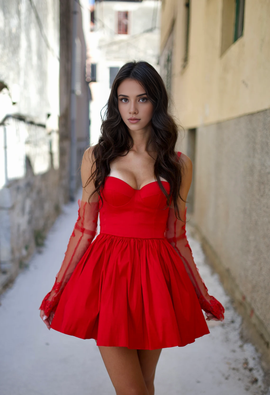 A-line Corset Red Backless Spaghetti Straps Sleeveless Short Prom Party Dress With Bow