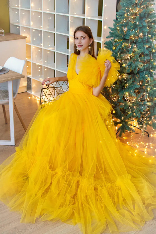 A-line Corset V Neck Backless Tulle Sleeveless Floor Length Prom Party Dress
