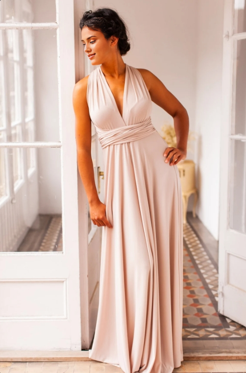 A-line Elegant BacklessDeep V Neck Floor Length Dress Prom Party Dress