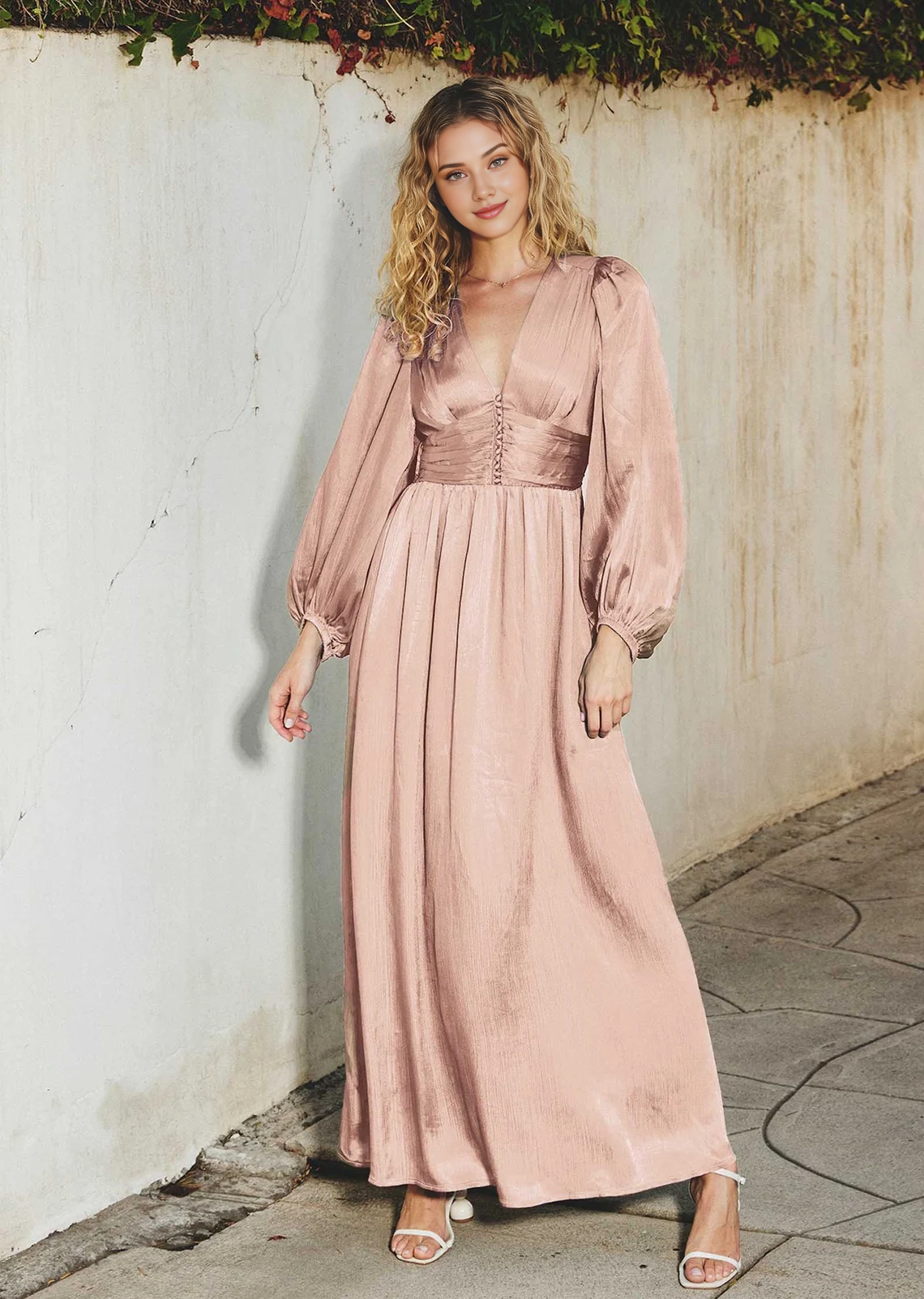 A-line Elegant Long Sleeve Deep V Neck Evening Dress Ankle Length Prom Party Dress