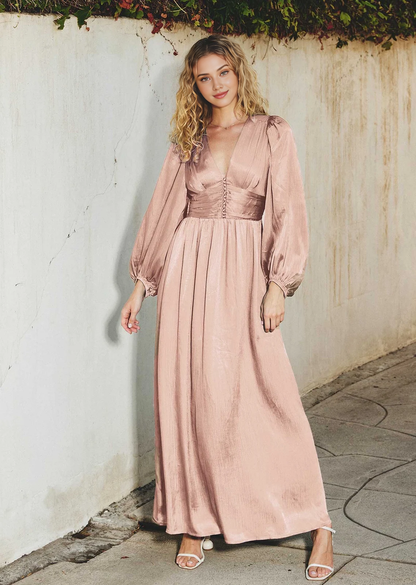 A-line Elegant Long Sleeve Deep V Neck Evening Dress Ankle Length Prom Party Dress