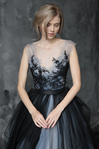 A-line Elegant Sleeveless Floor Length Backless Black Tulle Wedding Prom Party Dress With Train/No Veil Included