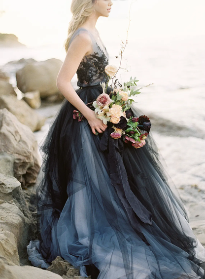 A-line Elegant Sleeveless Floor Length Backless Black Tulle Wedding Prom Party Dress With Train/No Veil Included