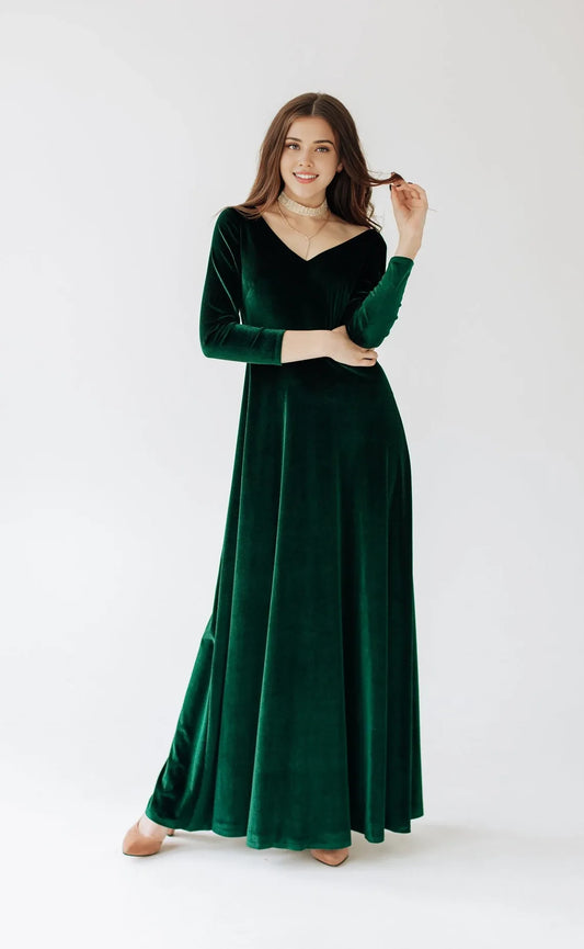 A-line Elegant Stunning Velvet Long Sleeves V Neck Ankle Length Bridesmaid Prom Dress