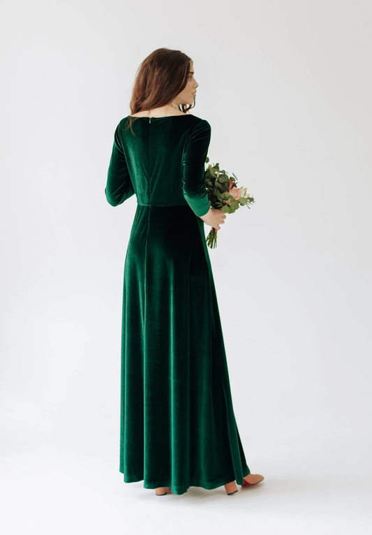 A-line Elegant Stunning Velvet Long Sleeves V Neck Ankle Length Bridesmaid Prom Dress