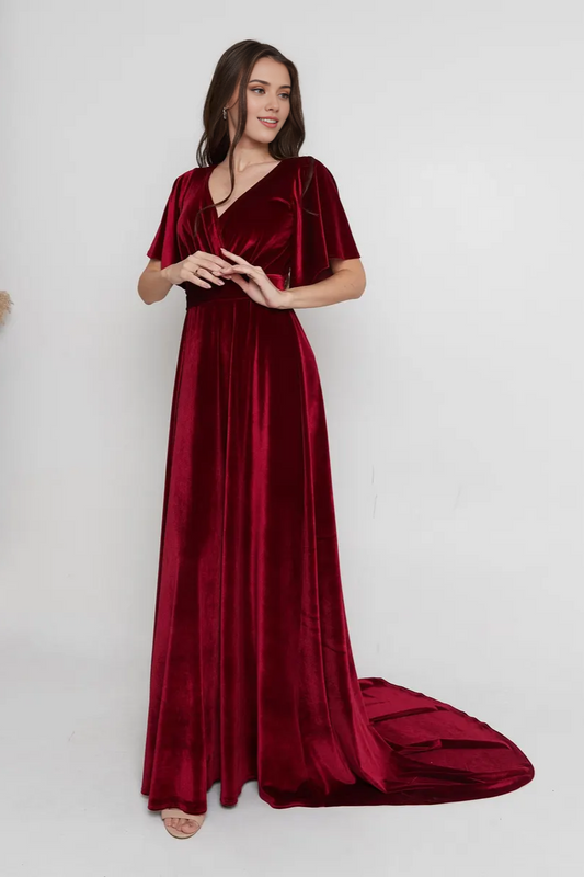 A-line Elegant Stunning Velvet Short Sleeves V Neck Mermaid Bridesmaid Prom Dress