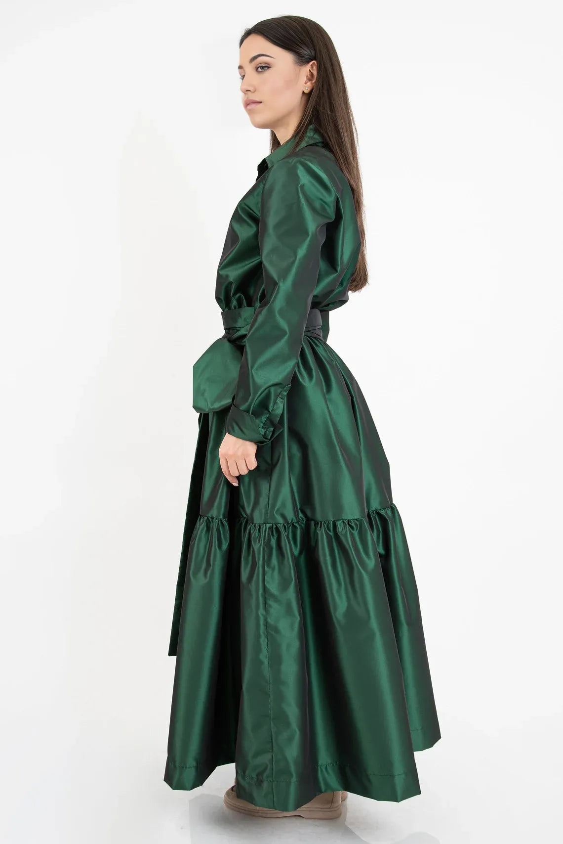 A-line Emerald Green Tiered Women Maxi Shirtdress Long Sleeved Tunic Dress Ruffled Dress Emerald Green Dress Long Sleeve Dress Drape Dress