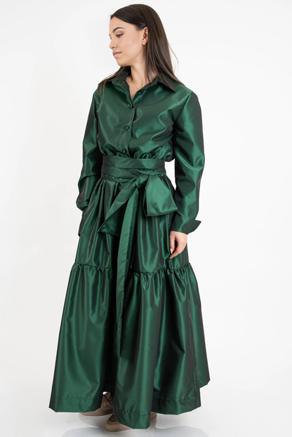 A-line Emerald Green Tiered Women Maxi Shirtdress Long Sleeved Tunic Dress Ruffled Dress Emerald Green Dress Long Sleeve Dress Drape Dress