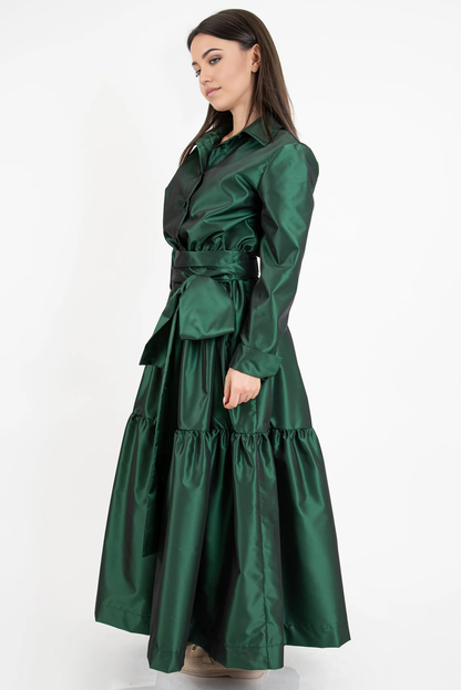 A-line Emerald Green Tiered Women Maxi Shirtdress Long Sleeved Tunic Dress Ruffled Dress Emerald Green Dress Long Sleeve Dress Drape Dress