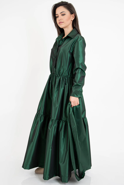 A-line Emerald Green Tiered Women Maxi Shirtdress Long Sleeved Tunic Dress Ruffled Dress Emerald Green Dress Long Sleeve Dress Drape Dress