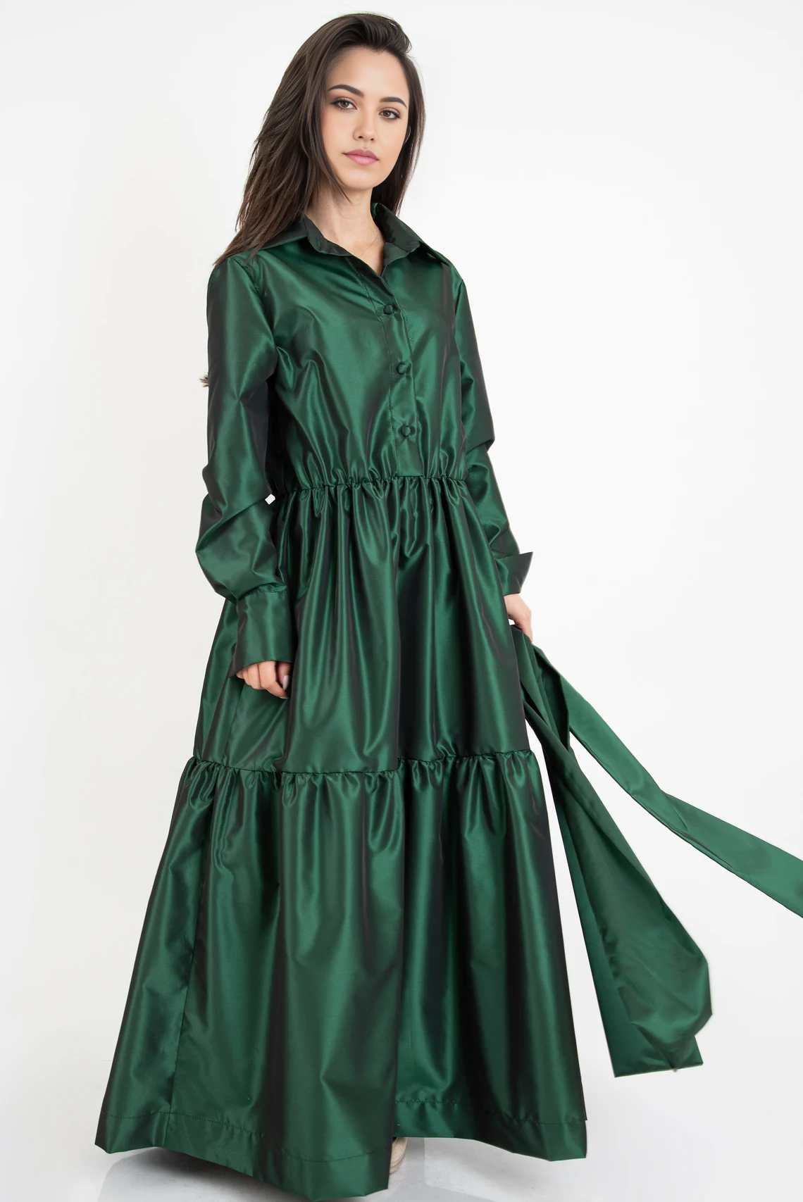 A-line Emerald Green Tiered Women Maxi Shirtdress Long Sleeved Tunic Dress Ruffled Dress Emerald Green Dress Long Sleeve Dress Drape Dress