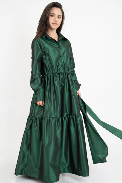 A-line Emerald Green Tiered Women Maxi Shirtdress Long Sleeved Tunic Dress Ruffled Dress Emerald Green Dress Long Sleeve Dress Drape Dress