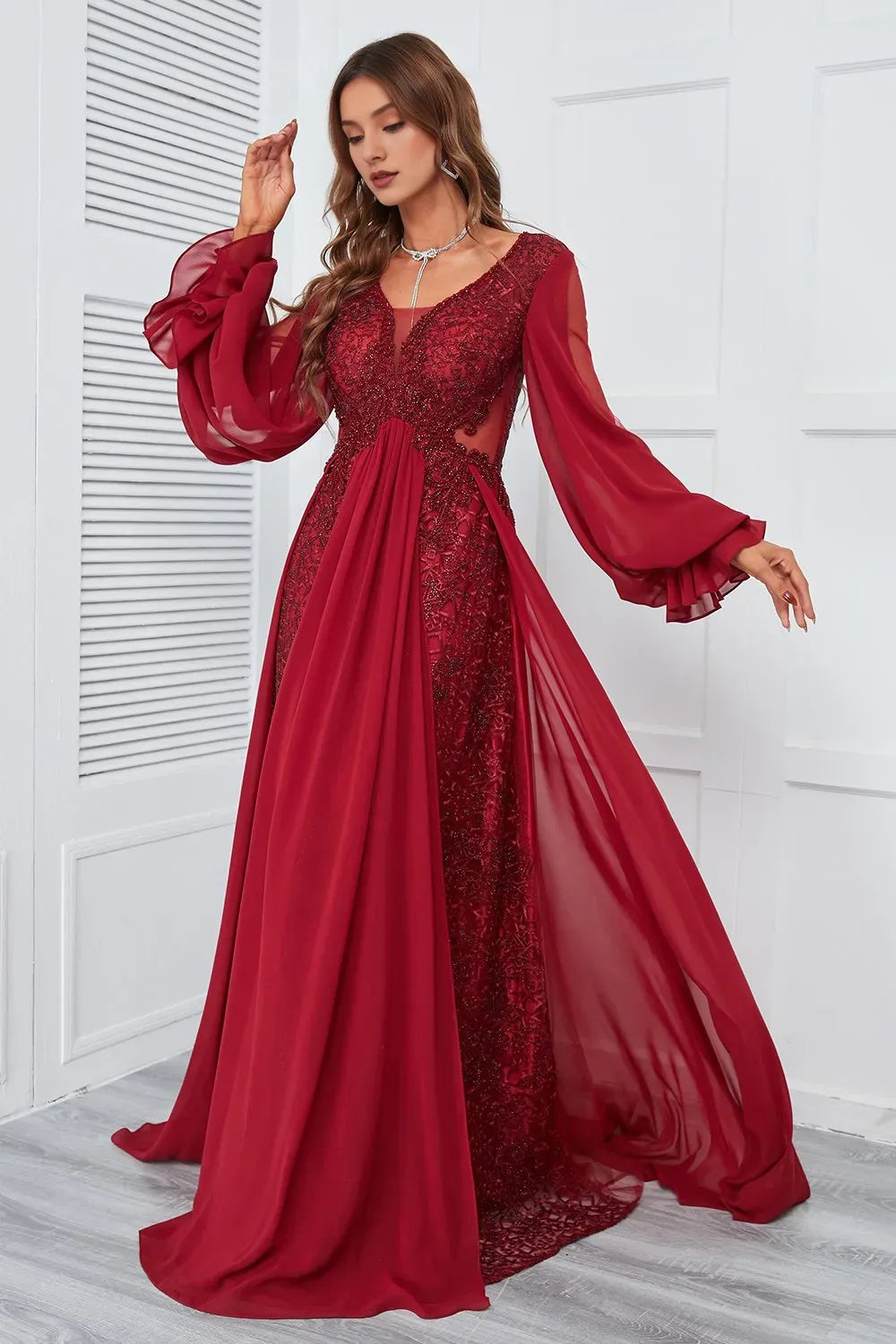 A-line Floor Length Burgundy Beaded Long Sleeves Prom Dress With Lace