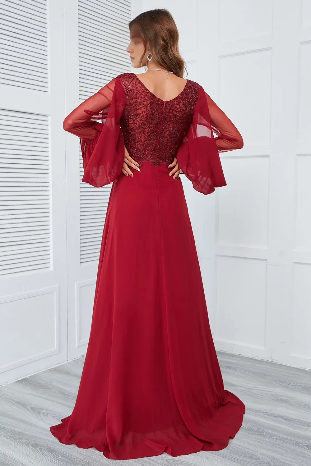 A-line Floor Length Burgundy Beaded Long Sleeves Prom Dress With Lace