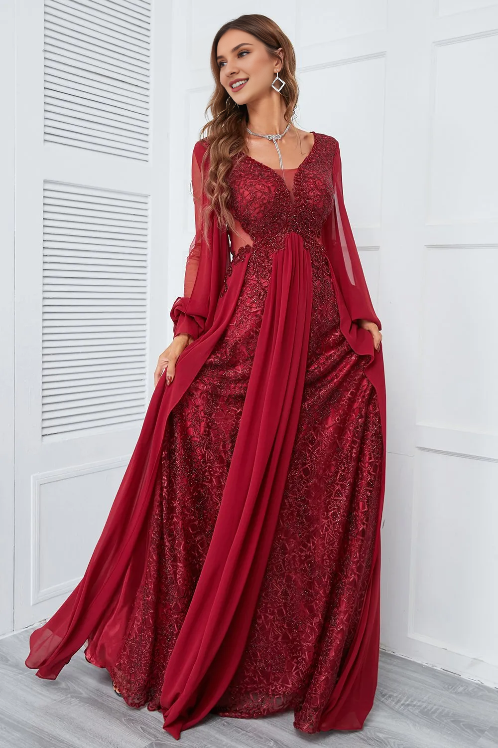 A-line Floor Length Burgundy Beaded Long Sleeves Prom Dress With Lace
