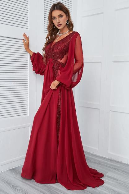 A-line Floor Length Burgundy Beaded Long Sleeves Prom Dress With Lace