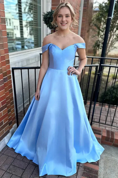 A-line Floor Length Lace-Up Off-the-Shoulder Prom Dressees