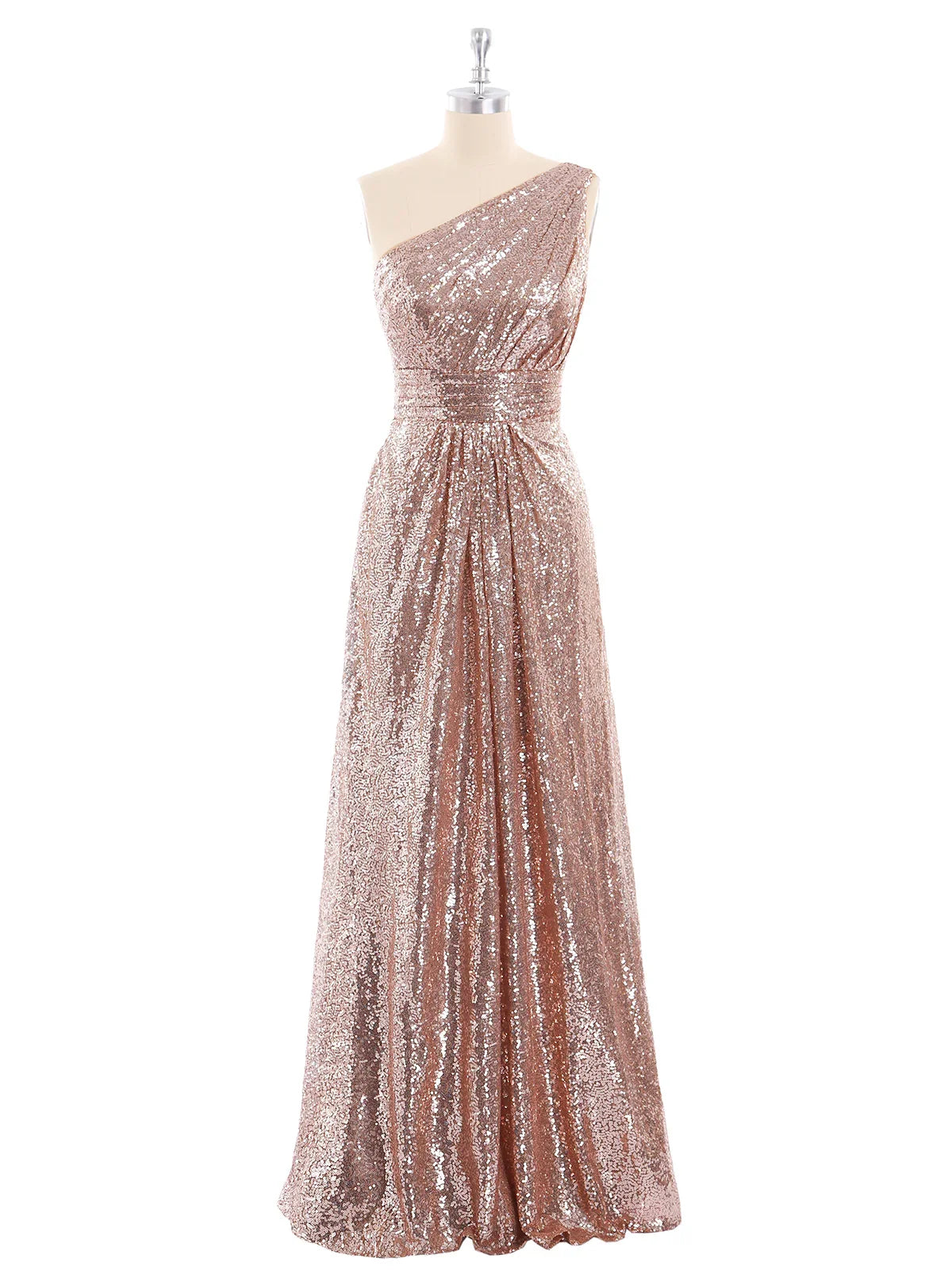 A-line Floor Length Sleeveless One Shoulder Sequins Party Gown Rose Gold
