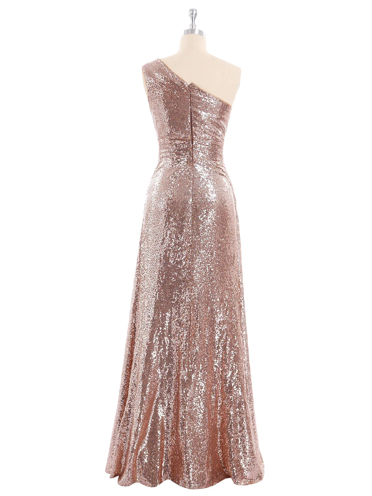 A-line Floor Length Sleeveless One Shoulder Sequins Party Gown Rose Gold
