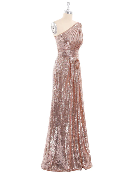 A-line Floor Length Sleeveless One Shoulder Sequins Party Gown Rose Gold