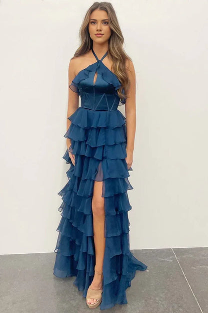A-line Halter Keyhole Sleeveless Ruffle Tiered Prom Dress with Slit